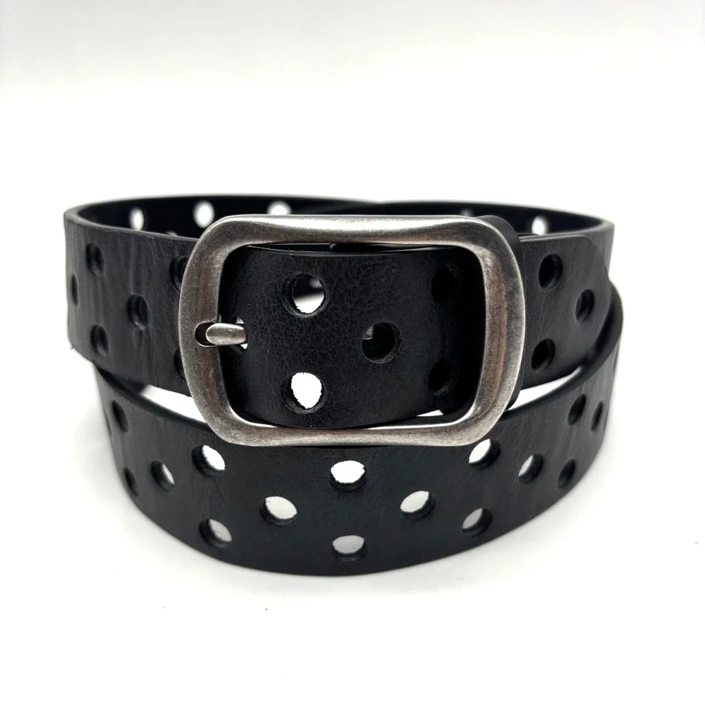 Vintage Y2K Black Genuine Leather Single Prong 3-row Holes Belt S/M Up to 36